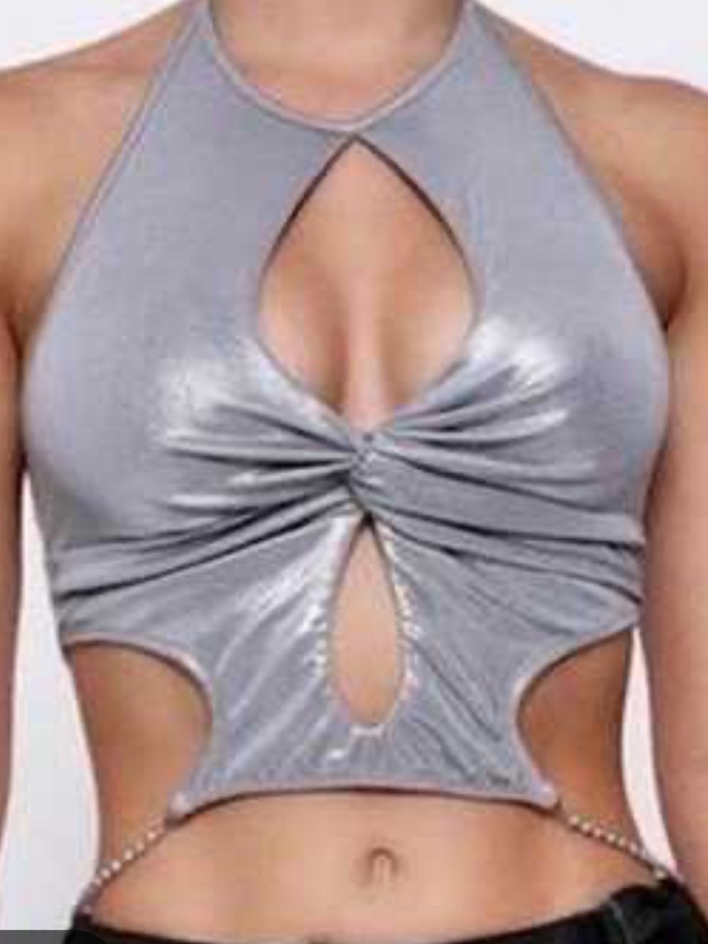 I.AM.GIA Y2K Silver Sparkle Cutout Cropped Halter Top With Waist Chain Party XS